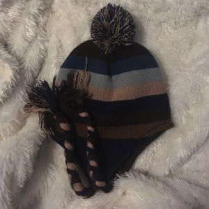 Brown and blue earflap beanie